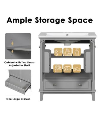 Bathroom Vanity with Ceramic Sink, Adjustable Shelf, Multi-Functional Storage, Solid Wood & MDF