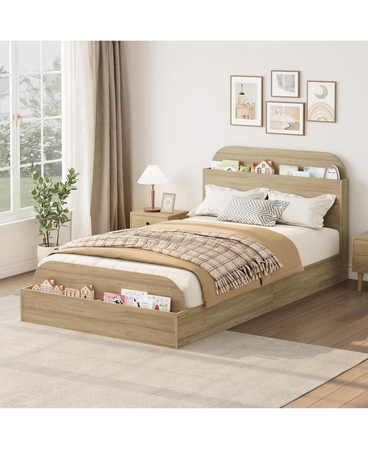 gaomon Bed Frame Wooden Storage Headboard Low Platform Sturdy Slats No Box Spring Space-Saving
