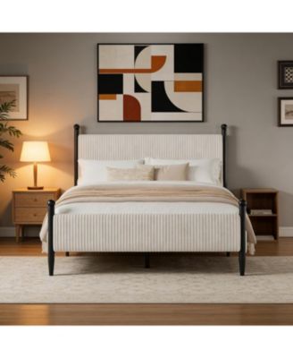 Full Bed Frame with Velvet Upholstered Corduroy Headboard, Wooden Slats Support and Heavy-Duty Platform Design