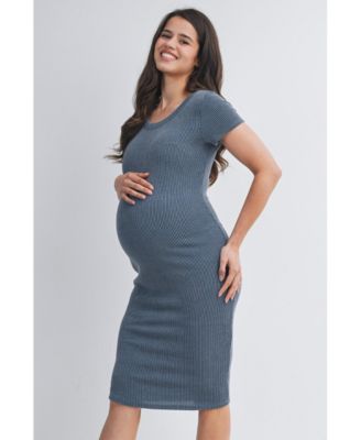 Women's Maternity Bodycon Ribbed Knit Short Sleeve Midi Dress