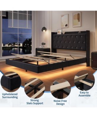 Full Floating Bed Frame LED Lights Velvet Upholstered Platform Bed Storage Headboard Noise-Free No Box Spring