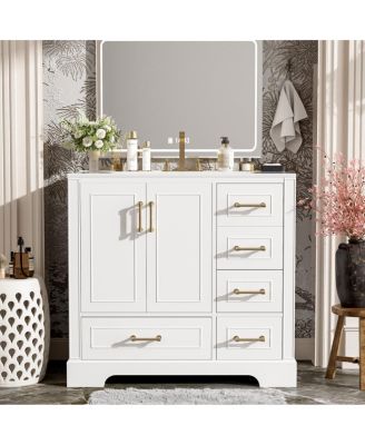  Traditional Bathroom Vanity with Ceramic Sink, Soft Close Doors & 4 Drawers, Ample Storage Cabinet for Main Bathrooms