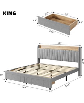 King Bed Frame Storage Headboard Upholstered Platform Drawers Charging Noise-Free No Box Spring