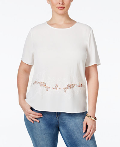 Monteau Trendy Plus Size Short-Sleeve Embroidered Blouse
