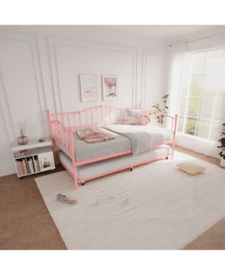 Metal Daybed Frame with Trundle Heart Design Noise Free Platform Sofa Bed Steel Slats Space-Saving.