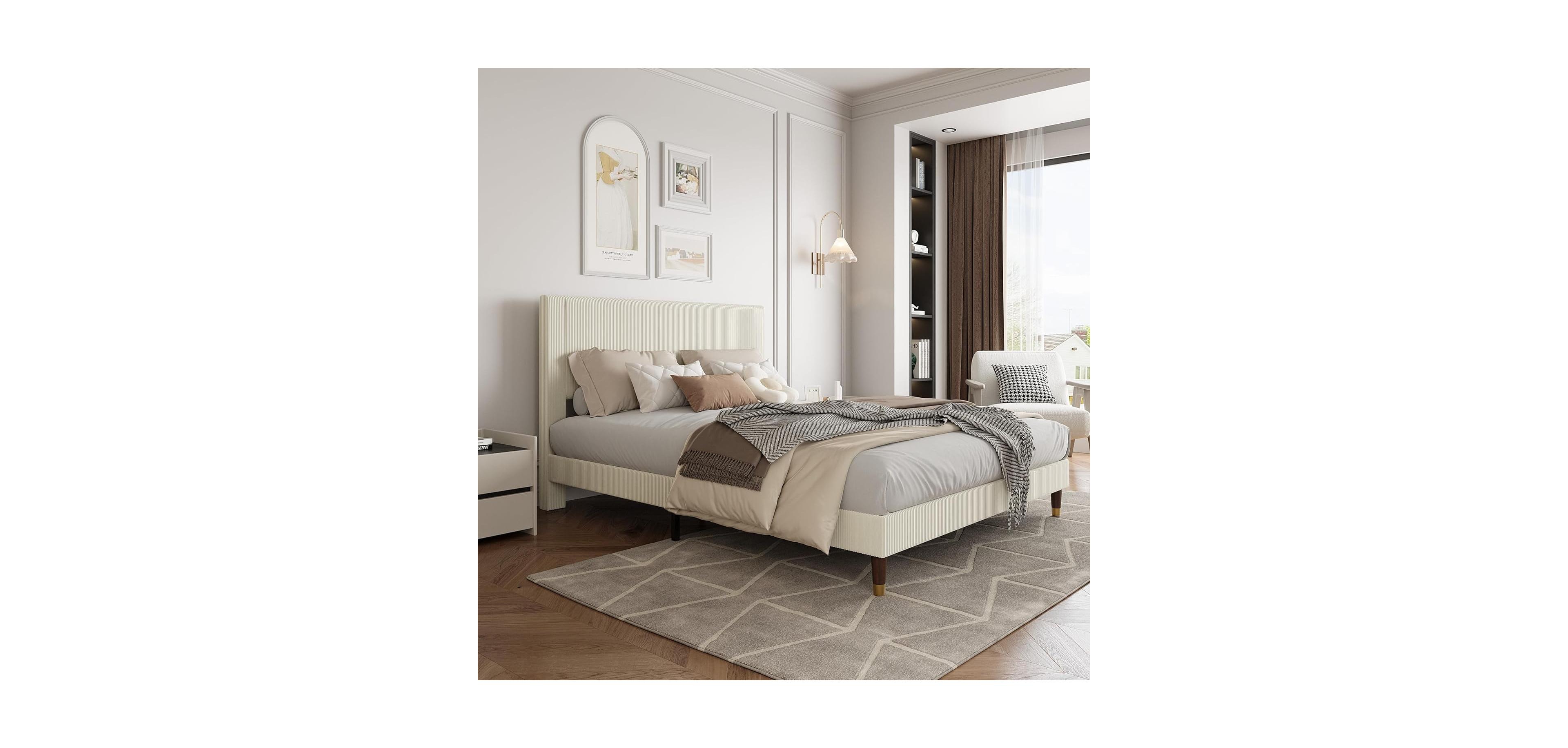 gaomon Upholstered Platform Bed Fabric Headboard Wooden Metal Slats Noise-Free Easy Assembly No Box Spring