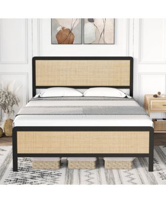 Queen Size Platform Bed Frame with Rattan Headboard and Footboard- Black Metal Frame- No Box Spring Needed- Noise-Free- Easy Assembly