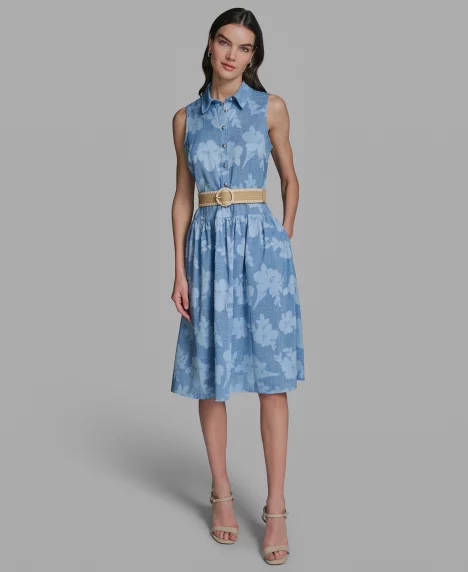 Petite Collared Neck Burnout Midi Dress - Medium Blue