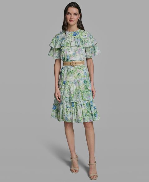 Женское платье KARL LAGERFELD PARIS Petite Crew Neck Tiered Midi, цвет: Небесно-голубой разноцветный