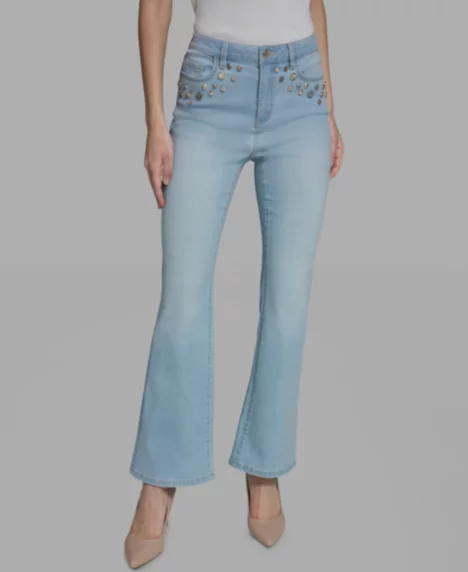 Petite Mid-Rise Studded Jeans - Lagoon Wash