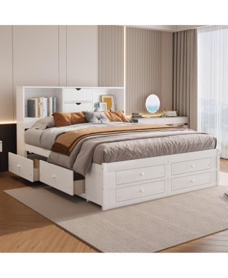  Platform Bed with Storage Headboard and 8 Drawers