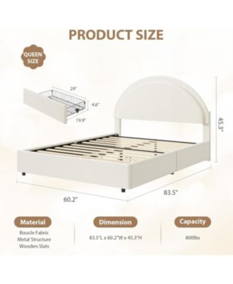 Queen Bed Frame Storage Drawers Upholstered Boucle Platform Round Headboard Heavy Duty Noise-Free No Box Spring