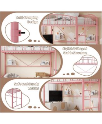 Twin Loft Bed-Heavy Duty Metal Frame-Arched Guardrail Safety Ladder-Space Saving Compact Bedroom Frame