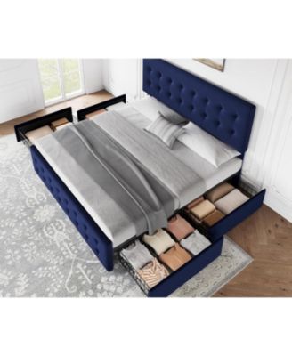 Bed Frame Adjustable Headboard 4 Drawers Velvet Upholstered Platform Button Tufted Wooden Slats No Box Spring