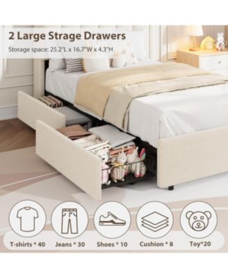 Twin-XL Boucle Upholstered Platform Bed Wavy Headboard Storage Bookcase 2 Drawers No Box Spring