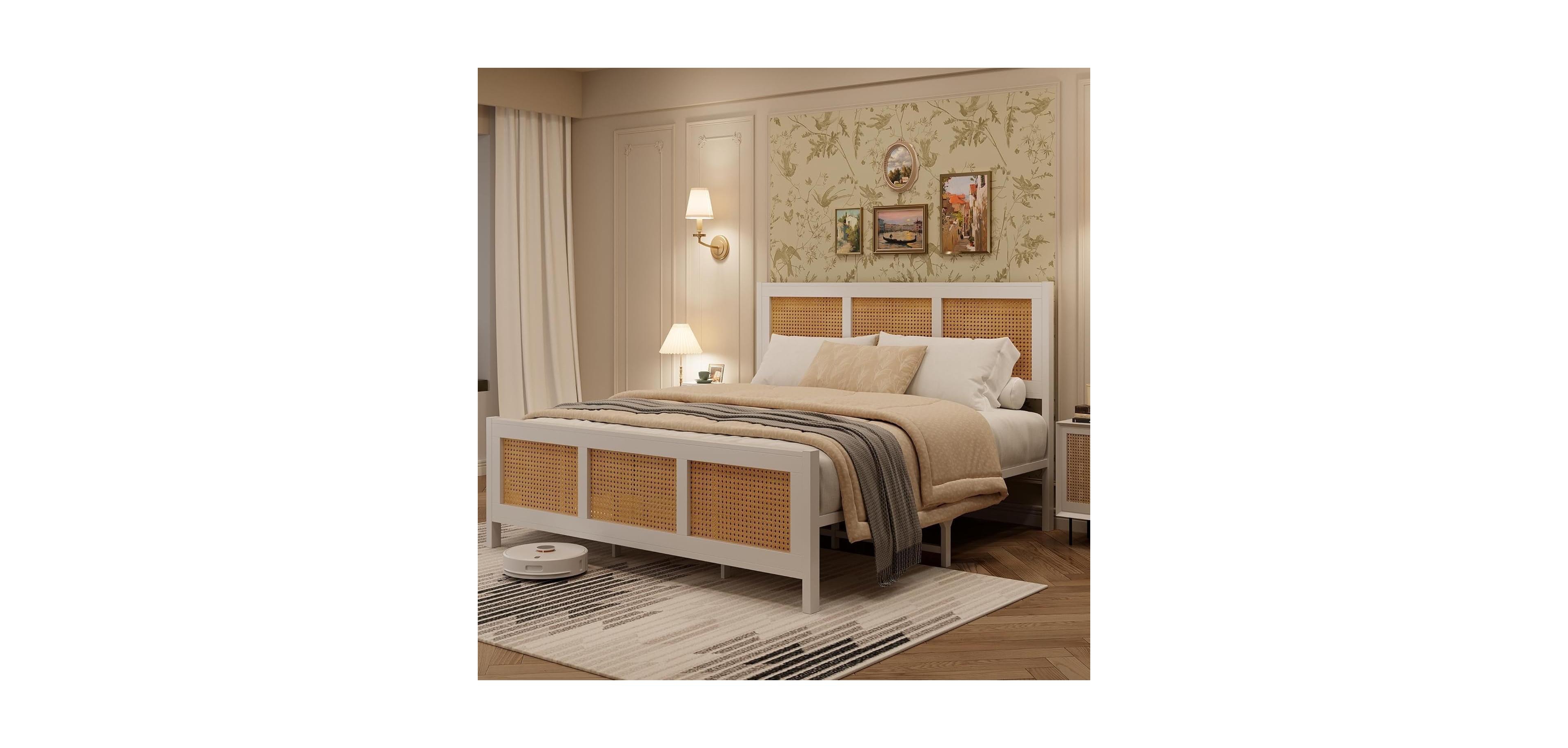 gaomon Full Bohemian Rattan Platform Bed Frame Headboard Strong Metal Slats Support Noise Free Design No Box Spring