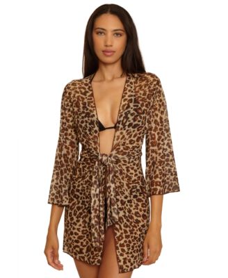 Women's Safari Leopard Mesh Tie-Front Cover-Up Tunic
