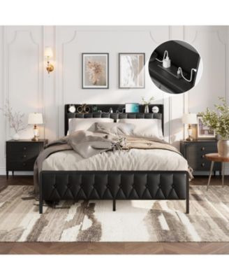 TrailBlaze Contemporary Metal Platform Bed Frame – PU Faux Leather Headboard – Built-in Charging Station – 12" Underbed Storage.