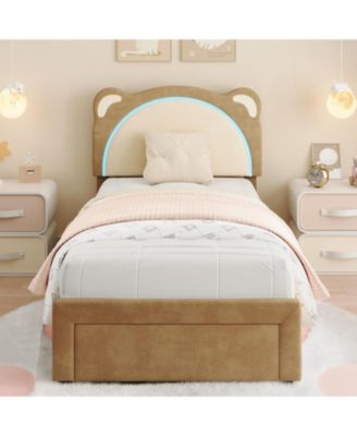 Upholstered Platform Bed Adjustable LED Headboard Storage Drawer Wooden Slats No Box Spring.
