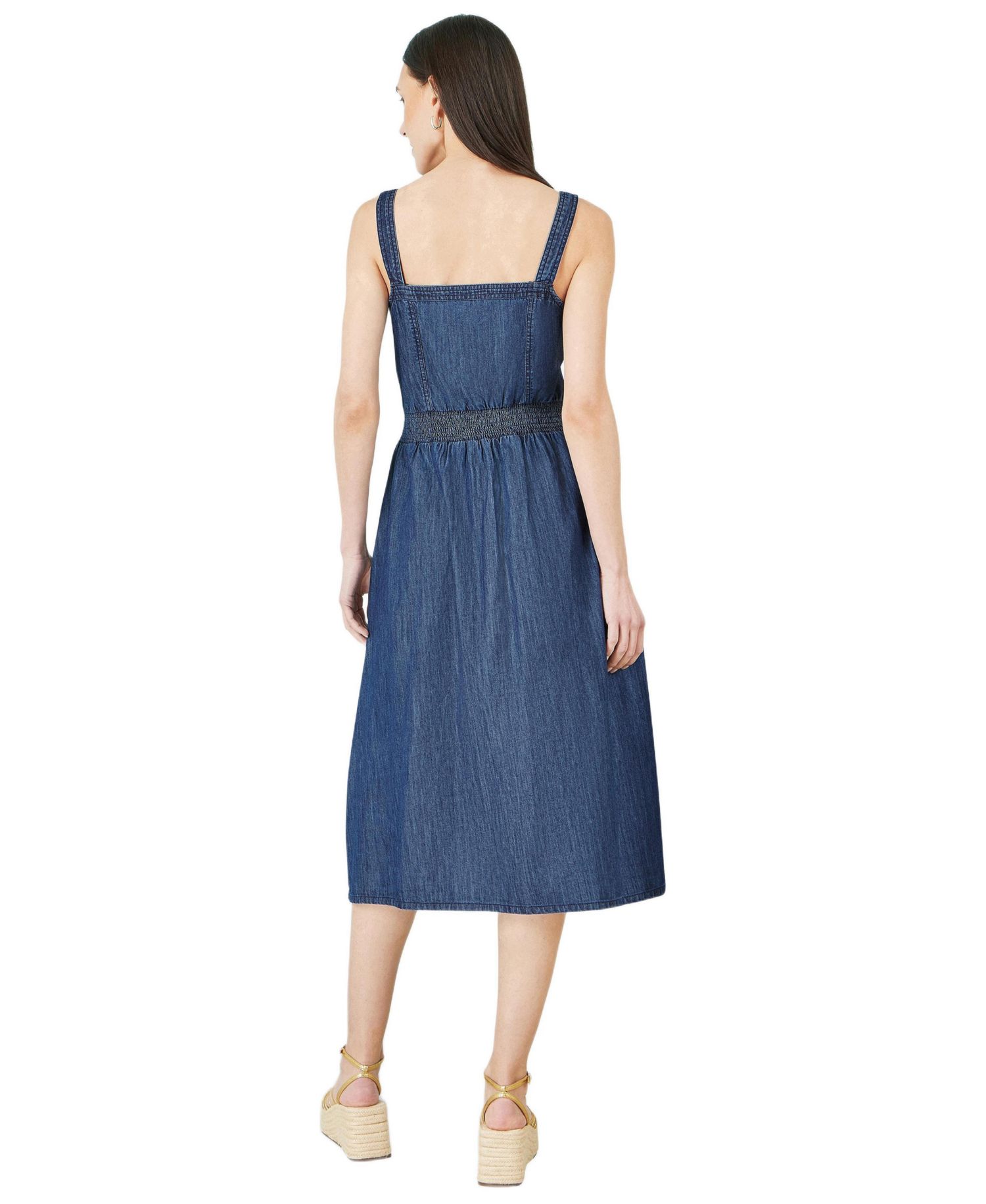 Women's Chambray Cotton Ruched Midi Sun Dress