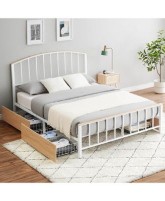 Full Storage Platform Bed Rattan Accent 4 Drawers Wooden Headboard LED Light Strip No Box Spring Oak