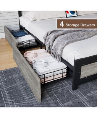 King Bed Frame Industrial Headboard Charge Station 4 Storage Drawers Metal Slats Easy Installation Noise Free