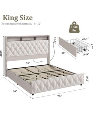 PU Leather Upholstered Bed Frame with 4 Storage Drawers, USB Charging Station & LED Lights
