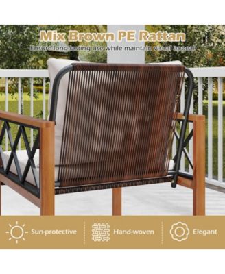 5 PCS PE Wicker Patio Furniture Set w/Acacia Wood Frame Cushions for Deck Garden