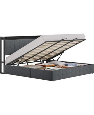 Bed Frame Lift-Up Storage Upholstered Velvet Tufted Headboard Metal Frame Wooden Slats No Box Spring