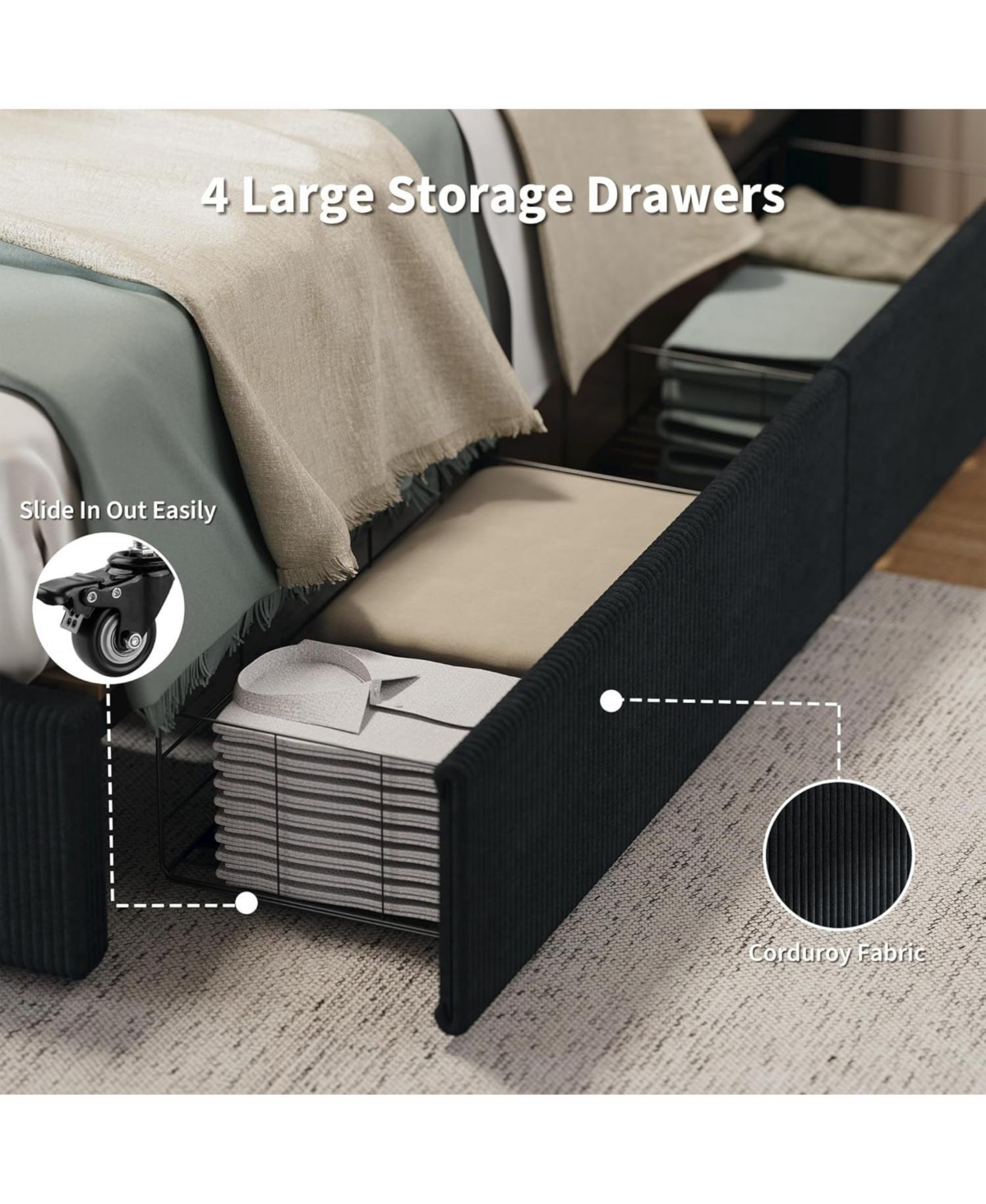 gaomon Upholstered Platform Bed with 4 Storage Drawers- Corduroy Wingback Headboard- Wood Slat Support- No Box Spring Needed