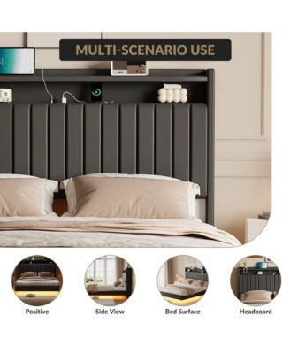 Floating Bed Frame Queen RGB LED Lights Charging Station 50” Leather Headboard Upholstered Storage No Box