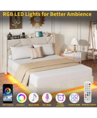 Full Floating Bed Frame with RGB LED Lights and Charging Station- Upholstered Suspended Platform Bed- Storage Headboard- No Box Spring Needed
