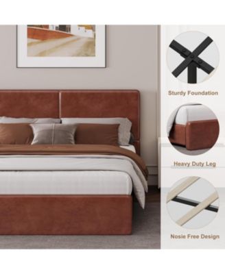 Upholstered Platform Bed Frame with 2 Storage Drawers, Faux Leather Low Profile Bed Base with Wood Slat Support