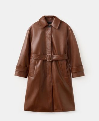 Women's Long Faux-Leather Belt Trench Coat