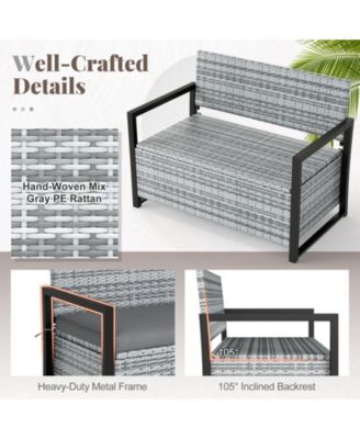 Patio Storage Bench Wicker Loveseat w/ Built-in Storage & Long Seat Cushion Outdoor