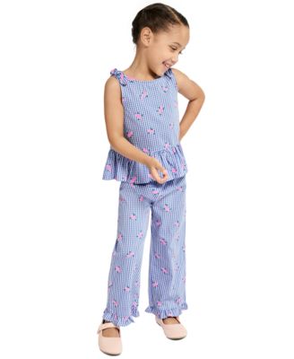 Girls' 2T-6X Floral Plaid Ruffle-Trim Top and Pants, 2-Piece Set