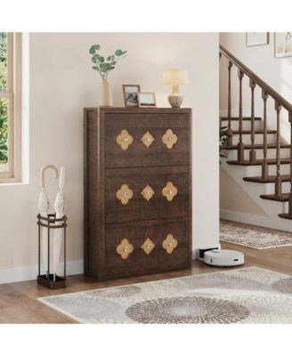 Shoe Cabinet with 3 Flip Drawers, Slim Hidden Wood Shoe Cabinet with Adjustable Shelves, Flower Pattern, Diamond Handle, Narrow Organizer