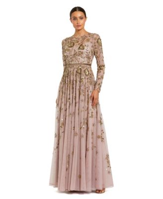 Women's Long Sleeve Mesh Floral Embellished Gown
