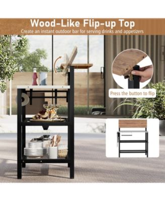 Patio Bar Table and Rolling Bar Cart w/Flip-Up Top Storage Shelves Removable Hooks