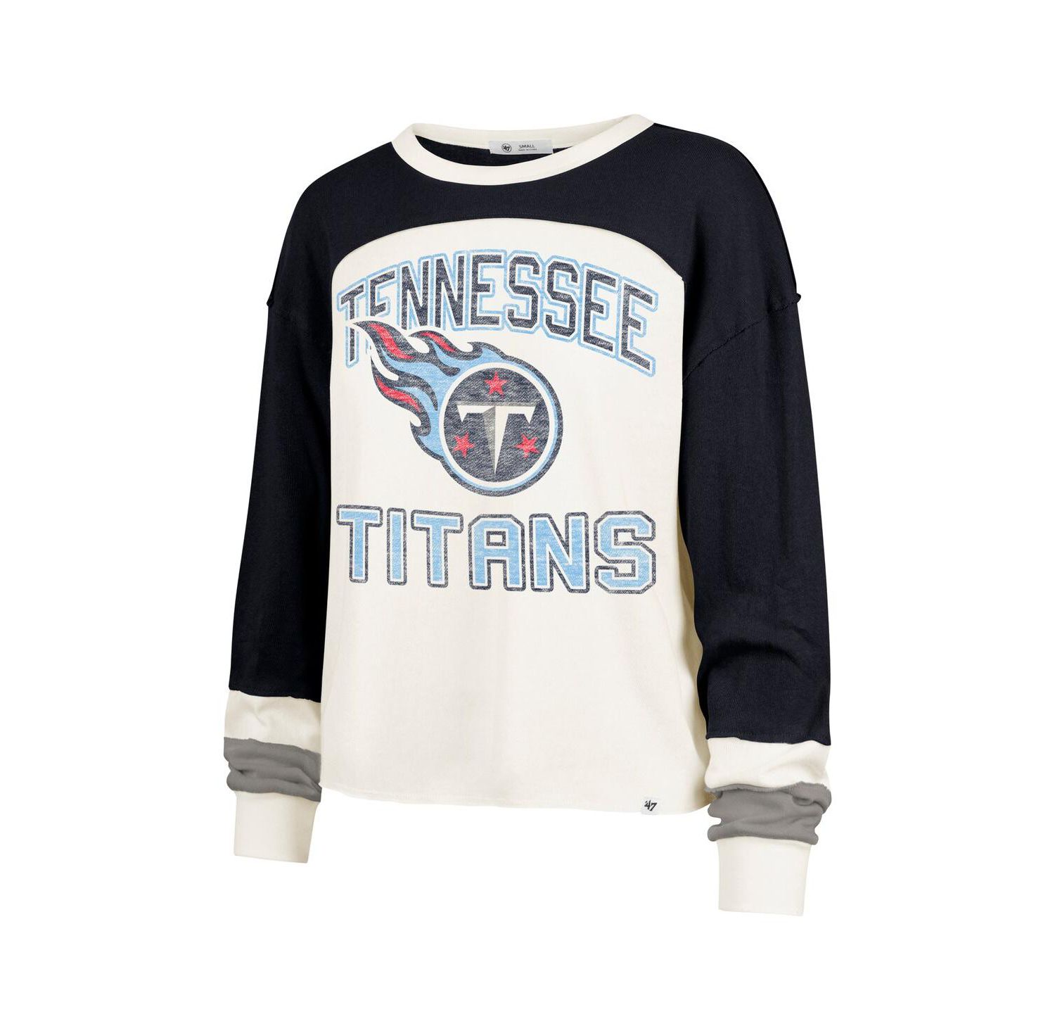 Women's Cream Tennessee Titans Double Header Curve Raglan Long Sleeve Crop Top