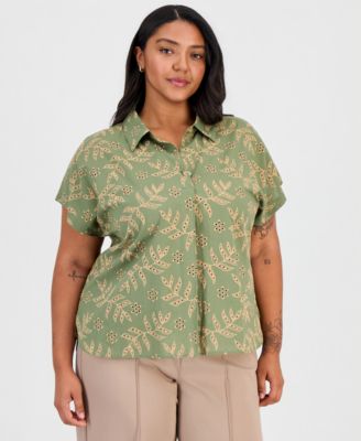 Plus Size Embroidered-Look Short-Sleeve Camp Shirt