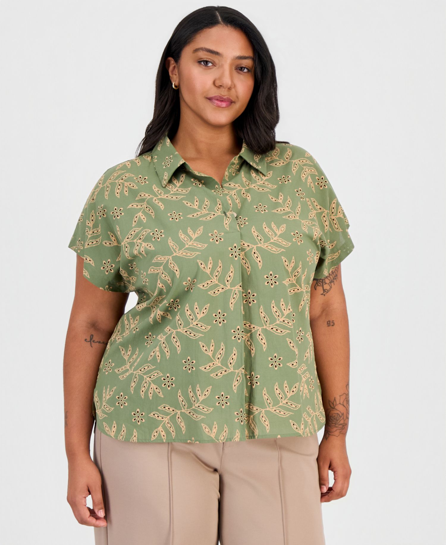 ASL Plus Size Embroidered-Look Short-Sleeve Camp Shirt