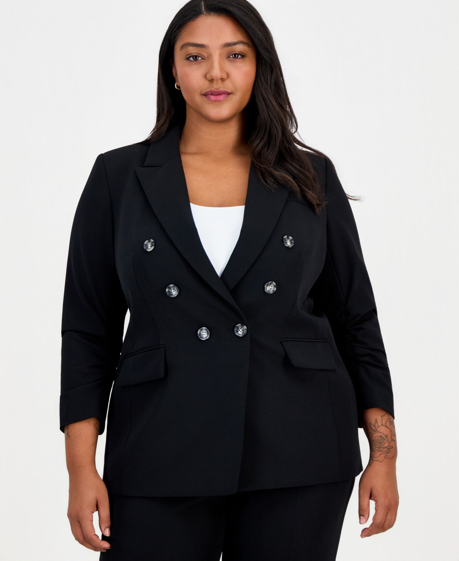 ASL Plus Size Ruched-Sleeve Asymmetrical Blazer