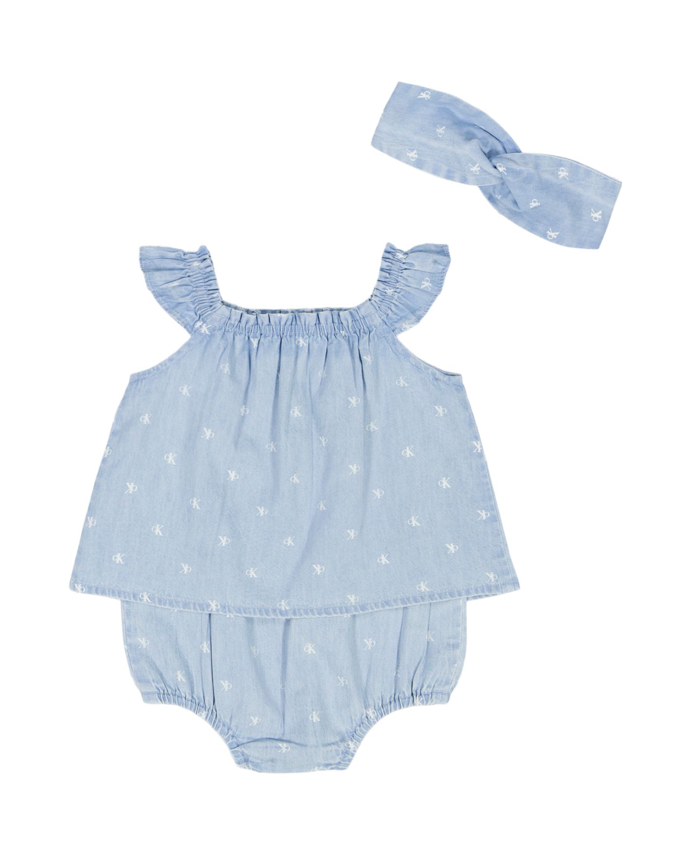 Комбинезоны Calvin Klein Monogram Print Denim Sunsuit and Headband для девочек-малышей, цвет: Синий — фото 2
