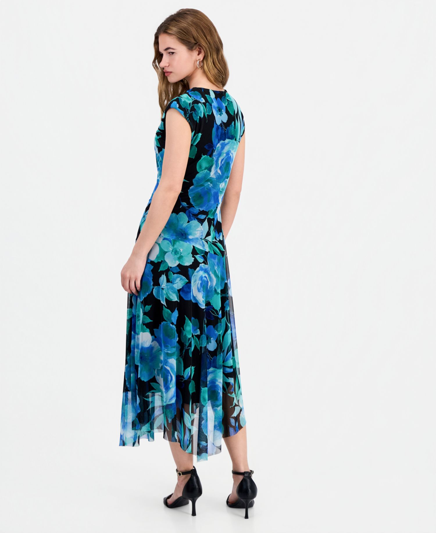 Women's High-Neck Cap-Sleeve Mesh Dress