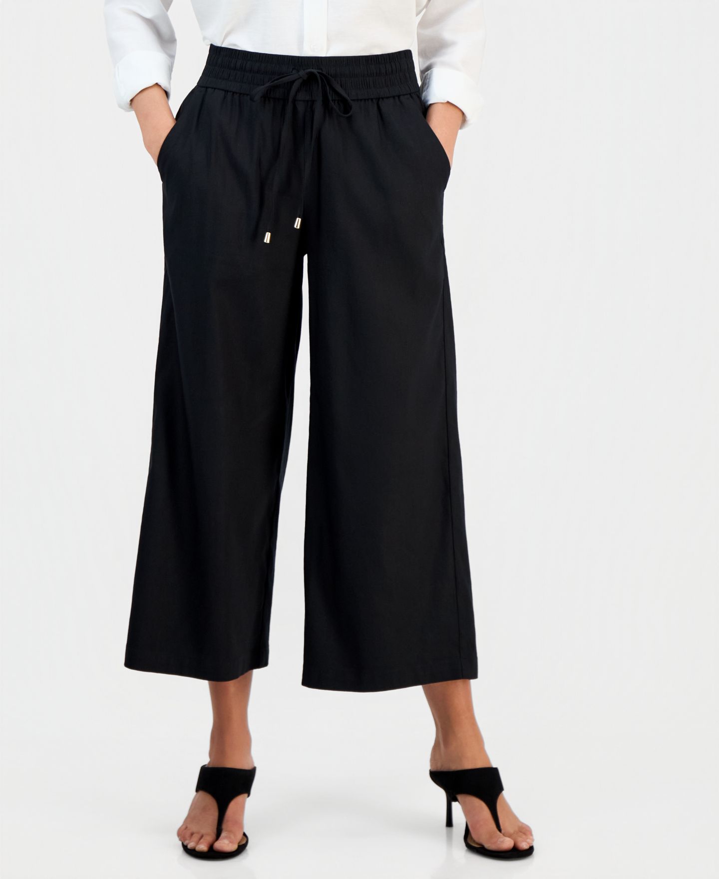 Женские брюки I.N.C. International Concepts Petite Cropped Linen Wide-Leg, цвет: Глубокий чёрный — фото 2