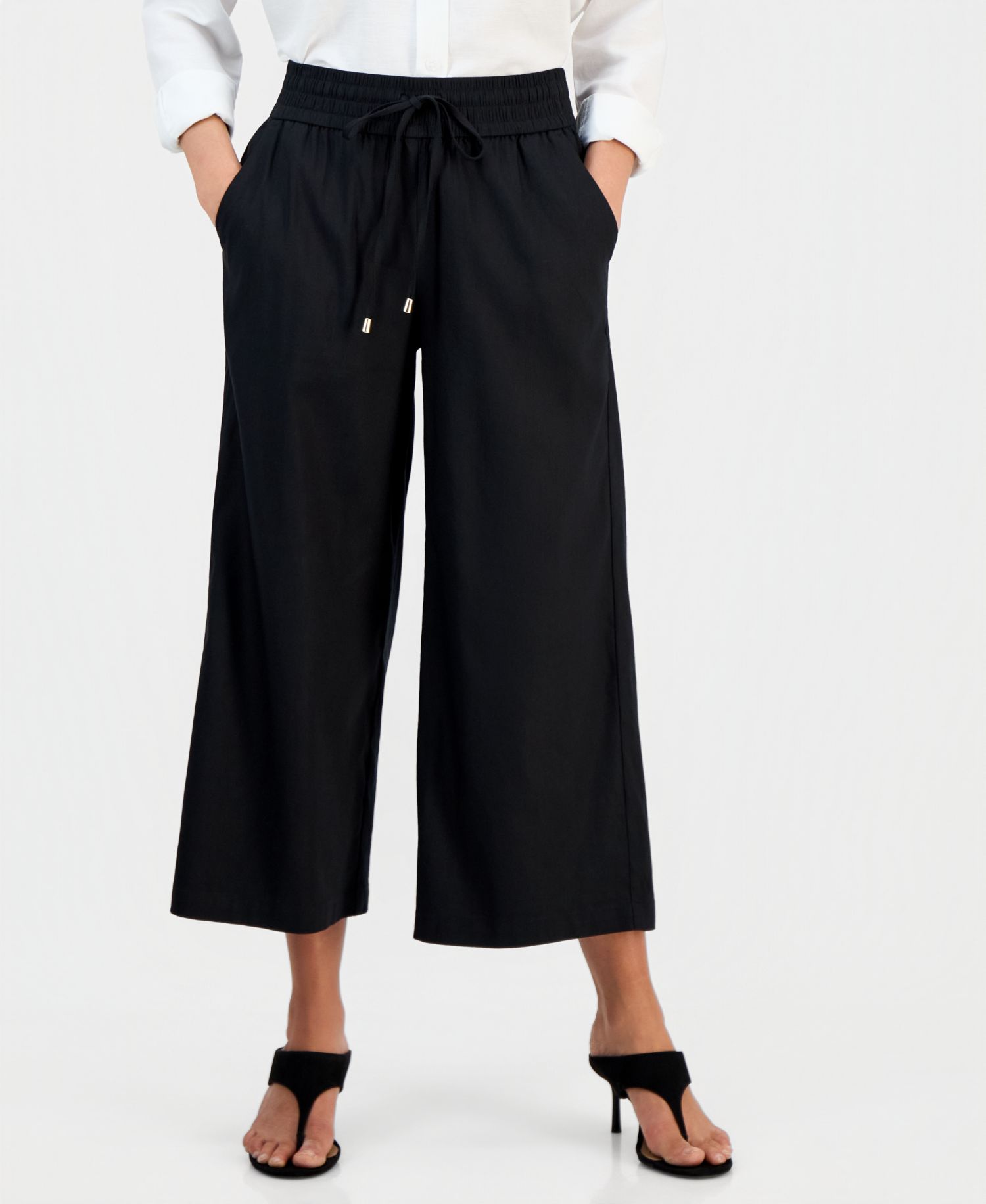 Petite Cropped Linen Wide-Leg Pants