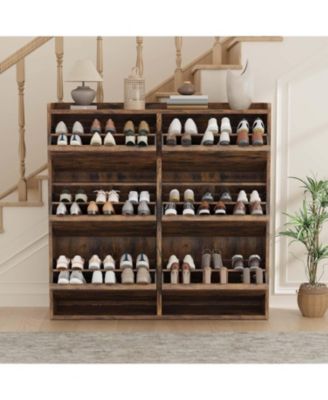 "Shoe cabinet with 6 flip drawers, adjustable removable shelves, modern wooden design with hidden handle for entryway."