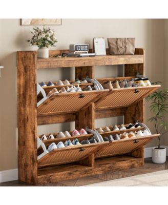 Shoe Cabinet with 4 Deep Flip Drawers Base Freestanding Wooden Shoe Storage Cabinet with Rattan Door and 3-Tier Adjustable Shelves