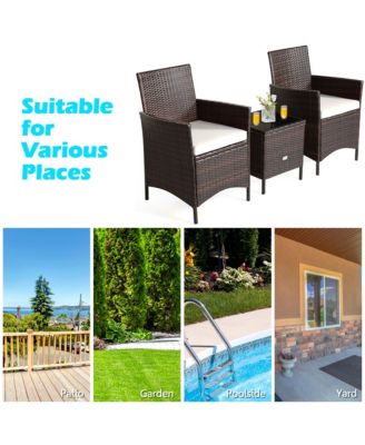 3PCS Outdoor Rattan Conversation Set Patio Furniture Set w/ White Cushions